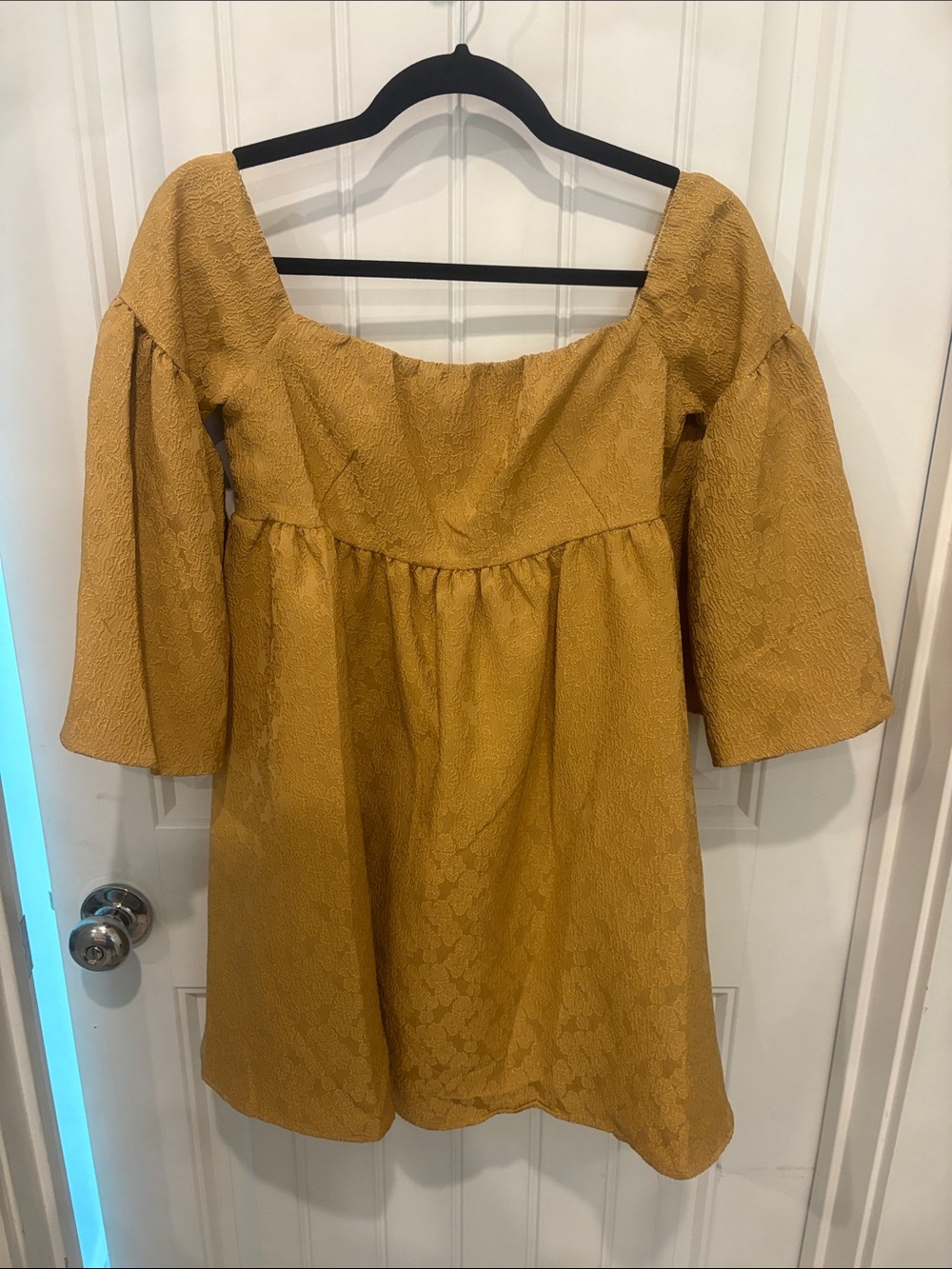 Blue Tassel Mustard Gold Jacquard Bell Sleeve Mini Dress S